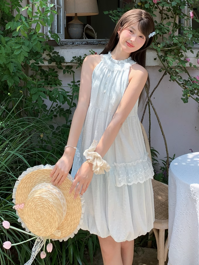 Light Blue Ruffled Halter Neck Bead Buttons Sleeveless Dress Bubble Skirt