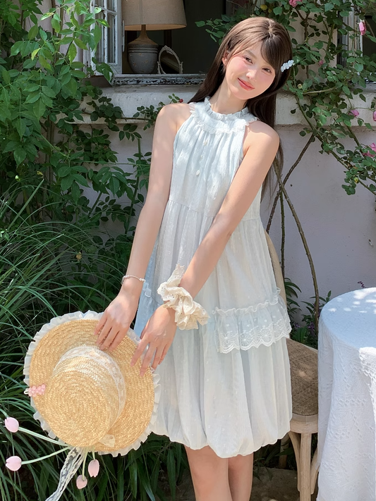 Light Blue Ruffled Halter Neck Bead Buttons Sleeveless Dress Bubble Skirt