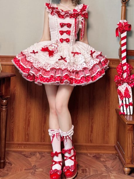 White and Red Polka-dot Bowknots on Bodice Tiered Skirt Sweet Lolita Jumper Skirt