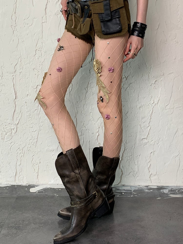 Nude/Black Wasteland Punk Floral And Star Details Fishnet Tights
