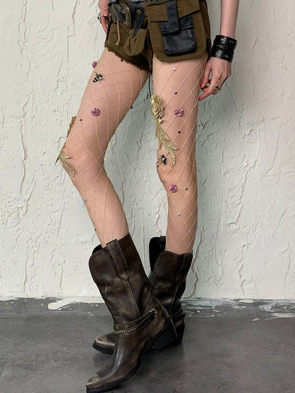 Nude/Black Wasteland Punk Floral And Star Details Fishnet Tights