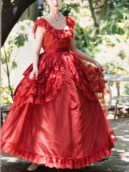 Wine Red/Pink Vintage Lace Ruffle Trim Off-the-shoulder Neckline Dress