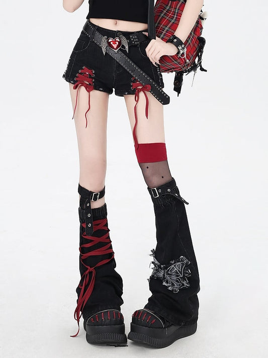 Black and Red Lace-up Details Hem Denim Shorts with Butterfly Applique Leg Warmers