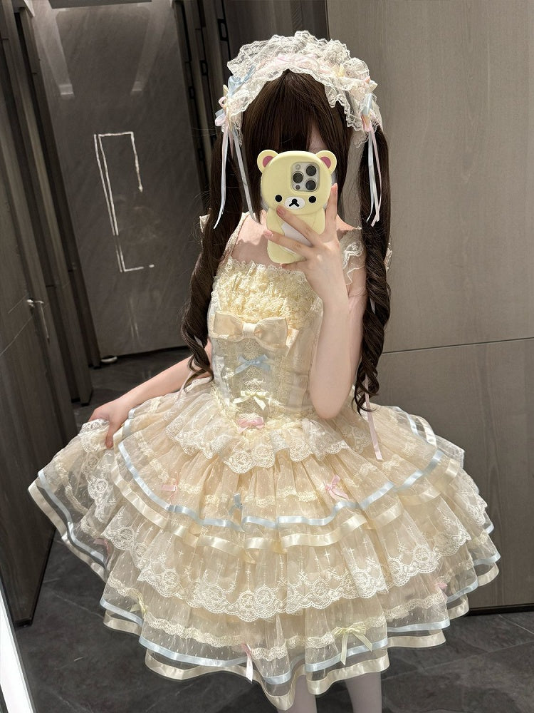 Apricot Corset Waist Layered Tulle Skirt Princess Lolita JSK with Big Bow at Back