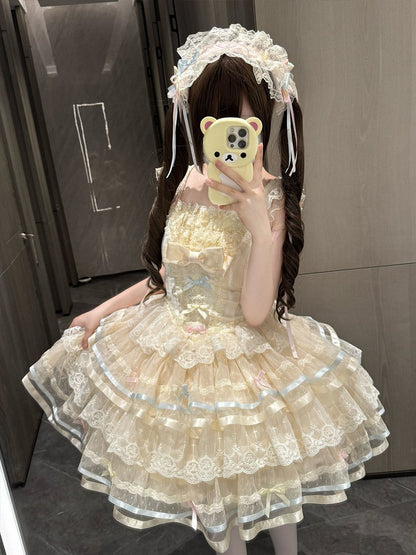 Apricot Corset Waist Layered Tulle Skirt Princess Lolita JSK with Big Bow at Back