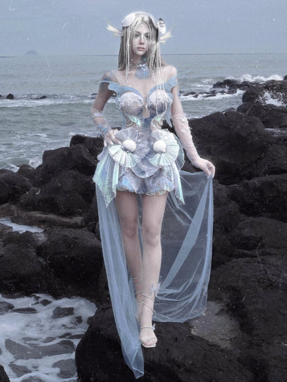 Dusty Blue Bead and Sequin Details Fairy Goth Mermaid Corset Top