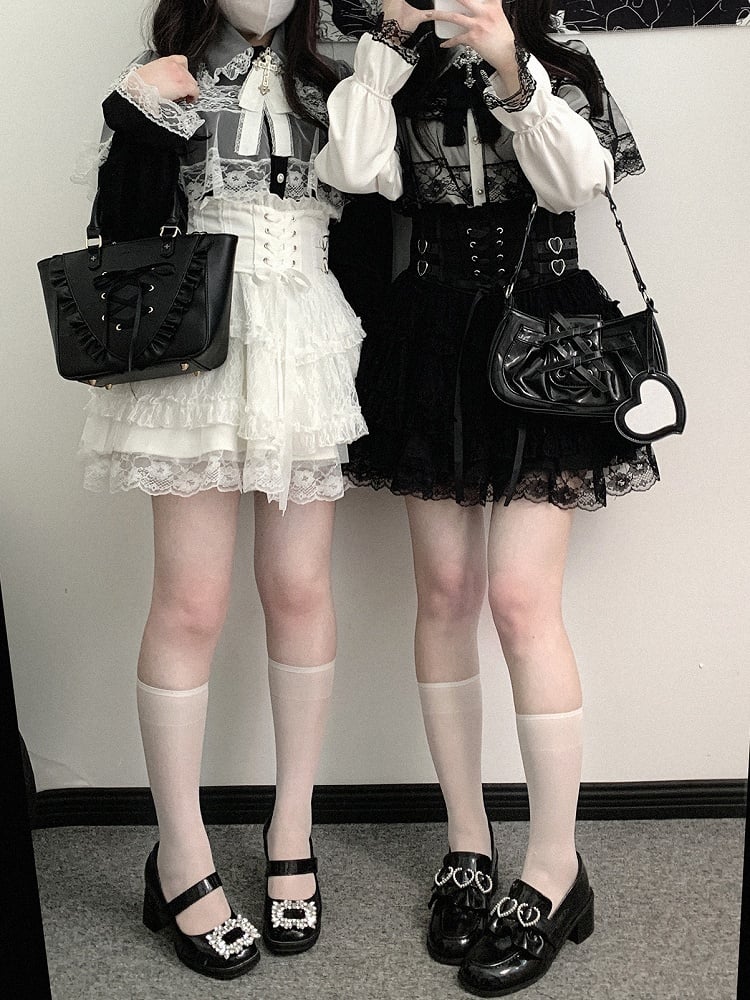 Jirai Kei High Waist Tiered Lace Skirt | Heart Buckles & Lace-Up Detail | 5 Colors