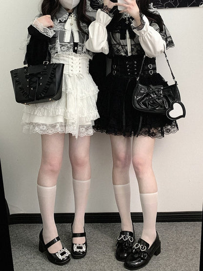 Jirai Kei High Waist Tiered Lace Skirt | Heart Buckles & Lace-Up Detail | 5 Colors