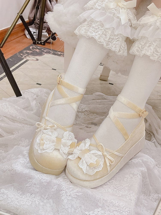 Champagne Bow Accents Velvet Round Toe Platforms Crisscross Ankle Strap
