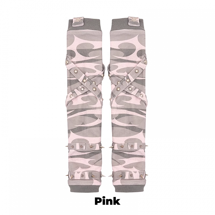 Black/Gray/Pink Criss-cross Straps Studded Gloves