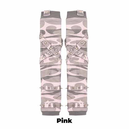 Black/Gray/Pink Criss-cross Straps Studded Gloves