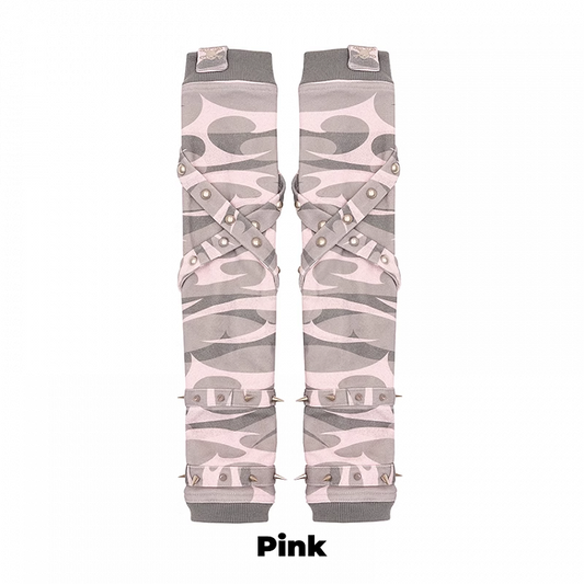 Black/Gray/Pink Criss-cross Straps Studded Gloves