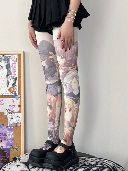 White Cartoon Girl Print Tights