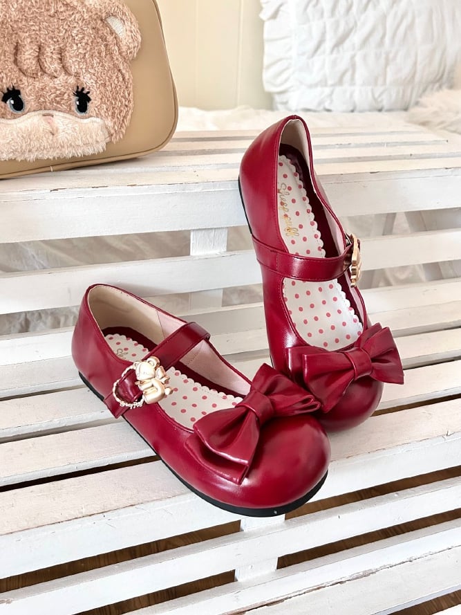Wine Red Bow at Top Sweet Lolita Flats with Hugging Bear Heart Buckles