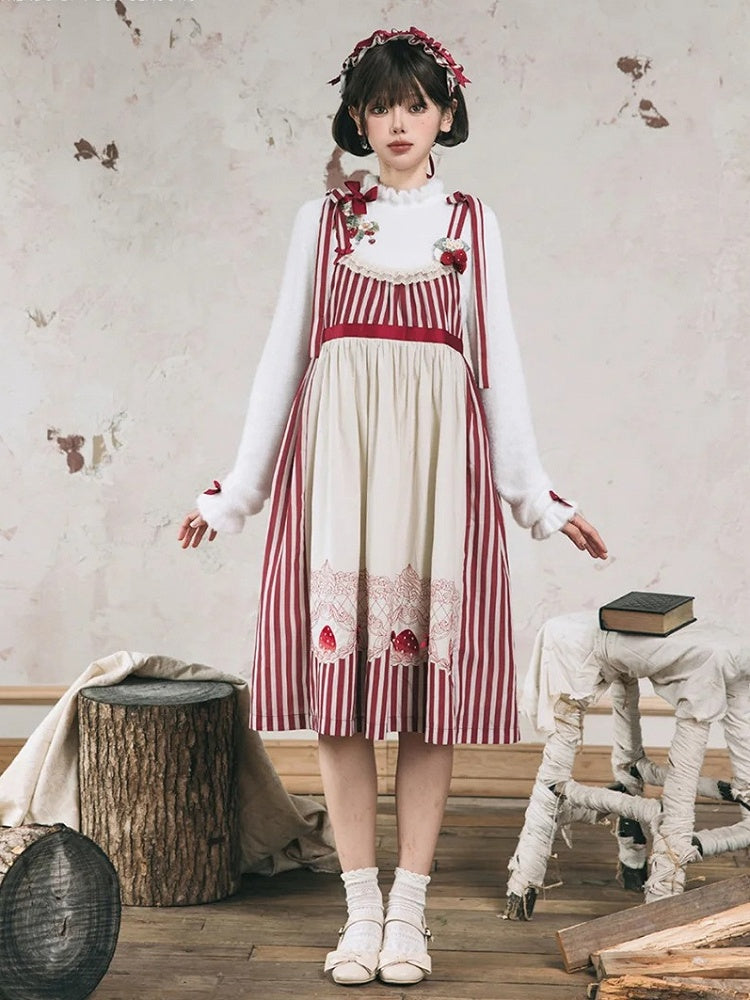 Strawberry Embroidery Neckline Bowknot on Cuffs White Autumn Knit Top