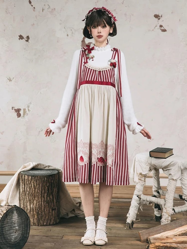 Strawberry Embroidery Neckline Bowknot on Cuffs White Autumn Knit Top