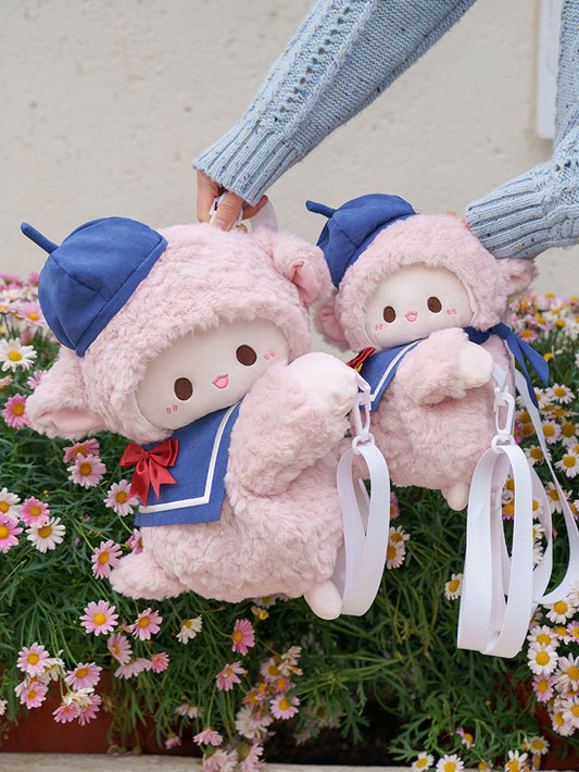 Cute Little Lamb Pink Plush Backpack/Crossbody Bag + Blue Hat + Sailor Collar Middle/Large Size