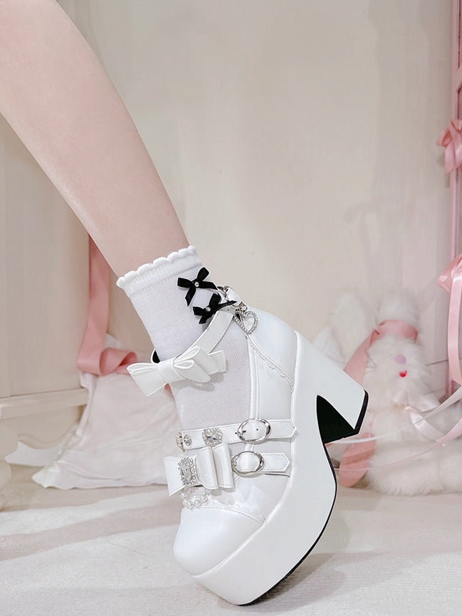 Matte White Jirai Kei Beaded Charm Rhinestone Decorated Bowknot Details Platform High Block Heels