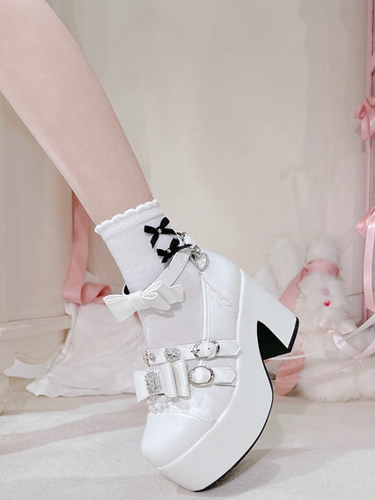 Matte White Jirai Kei Beaded Charm Rhinestone Decorated Bowknot Details Platform High Block Heels