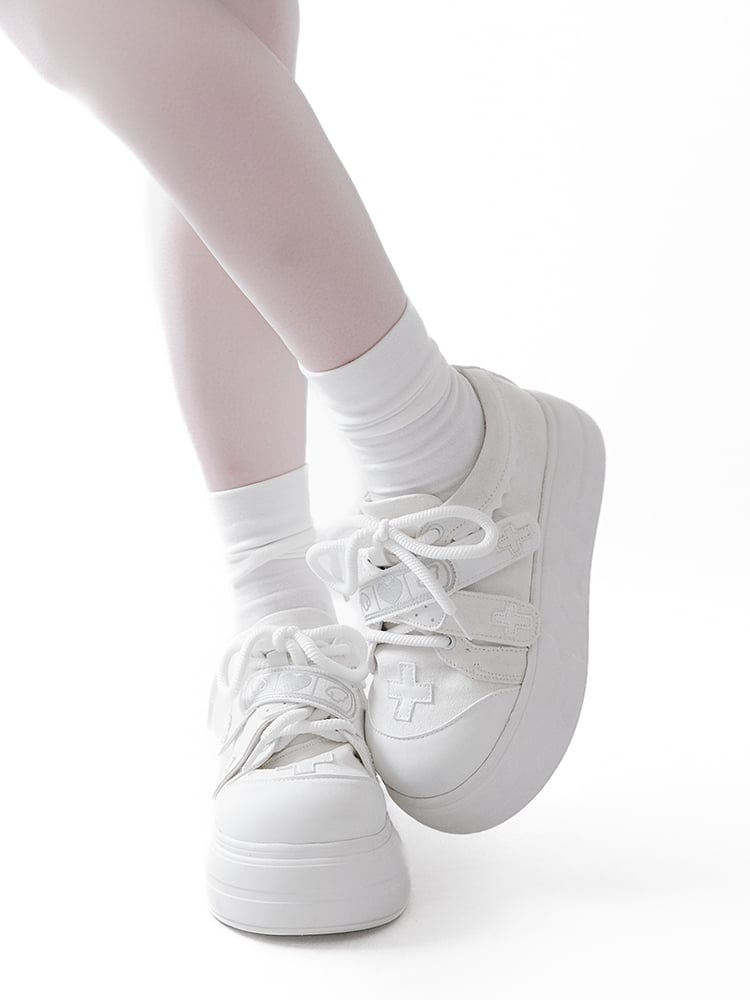White Yami Kawaii Cross Applique Crisscross Velcro Strap Closures Platform Sneakers