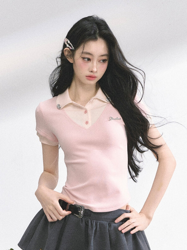 Rhinestones Decorated Polo Collar Pink& Apricot/ Black& Gray T-shirt Faux Two-pieces