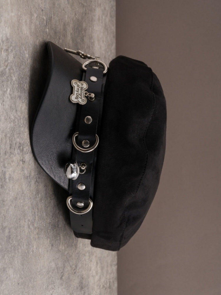 Black Gothic Studs Details Bone And Cross Charm Beret Hat