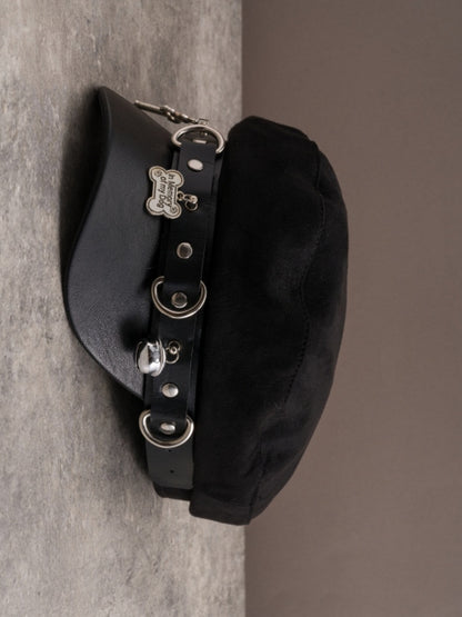 Black Gothic Studs Details Bone And Cross Charm Beret Hat