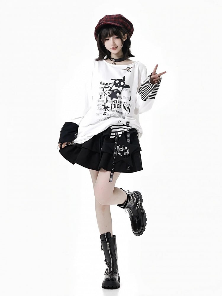 Black Tiered Drawstring Skirt with Strap and Star Applique Accents