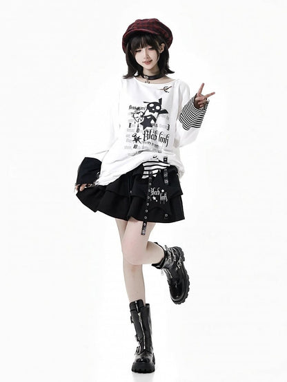 Rock Print White Long Sleeve Top with Distressed Holes and Zipper Cuffs