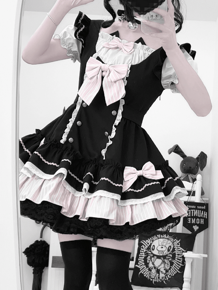 Kitty Ears Design Neckline Black and Pink Sweet Lolita One Piece with Detachable Bowknots