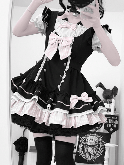 Kitty Ears Design Neckline Black and Pink Sweet Lolita One Piece with Detachable Bowknots