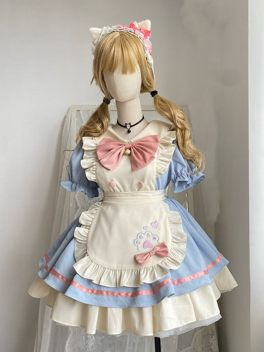Blue and Pink Sweet Maid Lolita Kitty Paw Embroidery Apron Dress