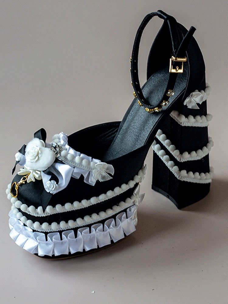 Black & White Sweetheart and Bowknot Y2K High Block Heel Platforms