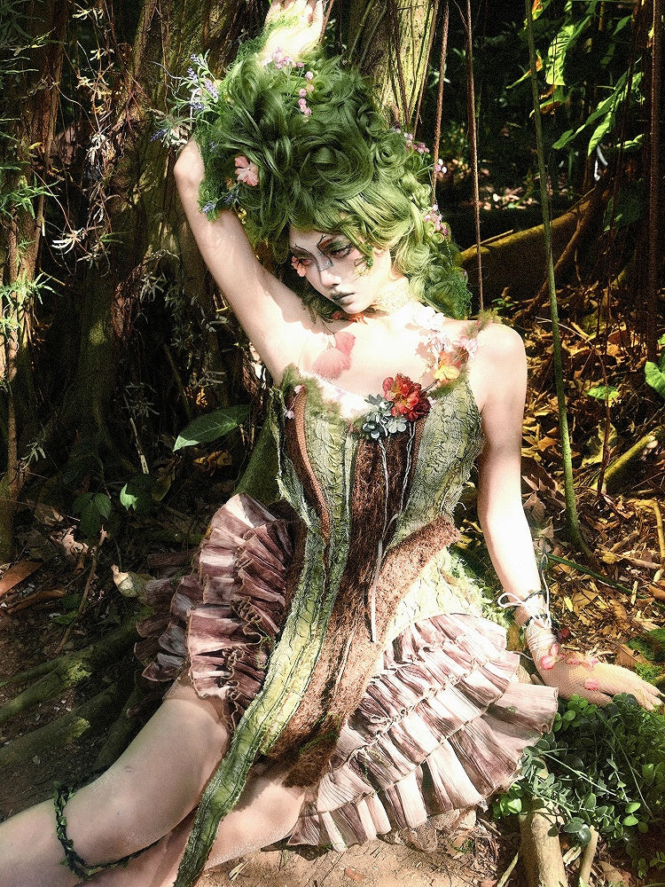 Brown and Green Asymmetrical Design Forest Fairy Goth Branch Corset