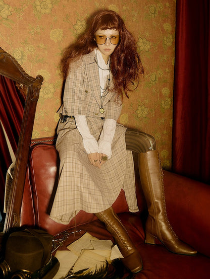 Light Brown Vintage Plaid Skirt Side Thigh-high Slit