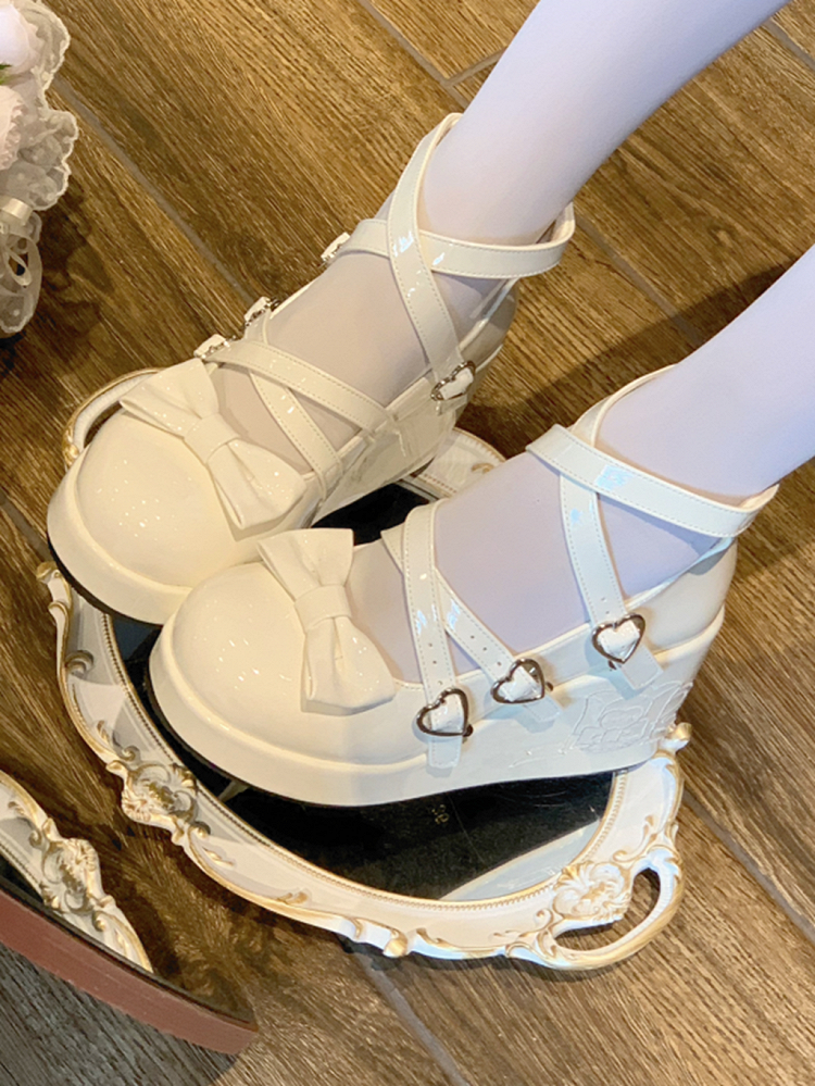 White Bow at Top Crisscross Sweetheart Buckle Straps Sweet Lolita Platforms