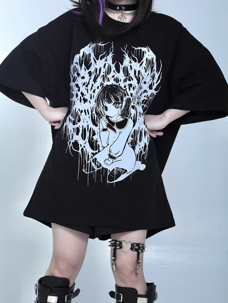 Black Jirai Kei Oversized Cartoon Girl Print T-shirt