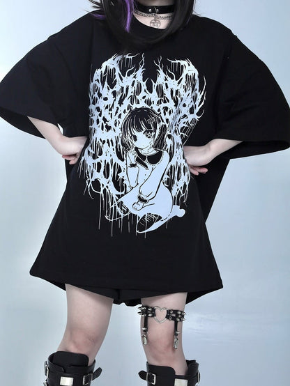 Black Jirai Kei Oversized Cartoon Girl Print T-shirt