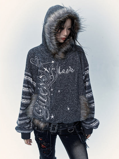 Gray&White/Black&White Plush Trim Striped Sleeves Hoodie