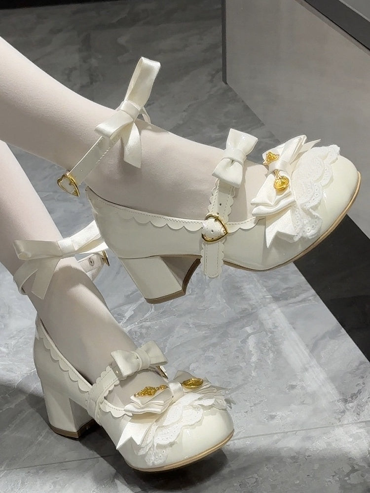 White Spoon Decorated Bowknot Details Sweet Lolita High Block Heels