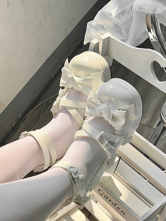 Beige Sweetheart and Bow Accents Sweet Lolita Platform High Block Heels