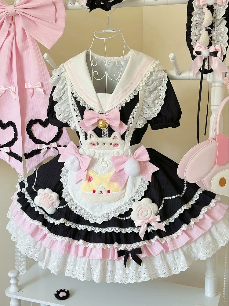 Black and Pink Sailor Collar Sweet Kitty Maid Lolita Dress with Heart Apron