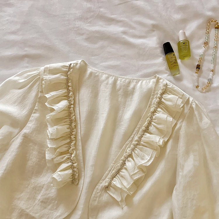 Plus Size Apricot Ruffled Trim Open Placket Rhinestone Embellished Top