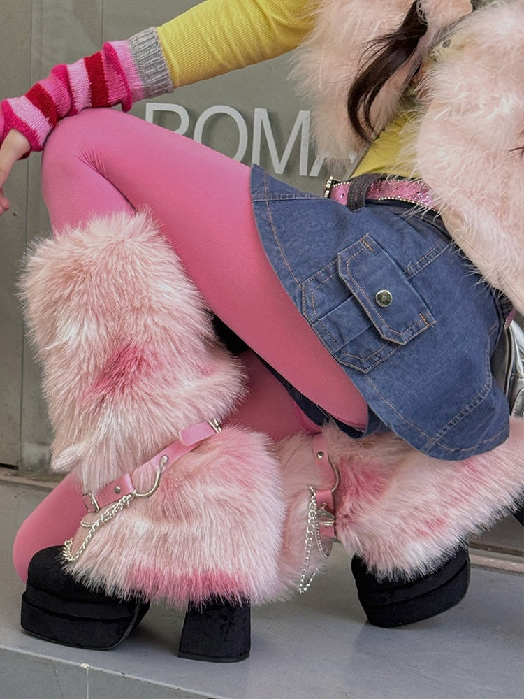 Pink/Dusty Blue/Yellow Y2K Buckle Straps Shaggy Leg Warmers