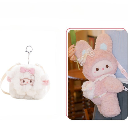 Pink Rabbit Bowknot Lace Details Plush Backpack + Keychain