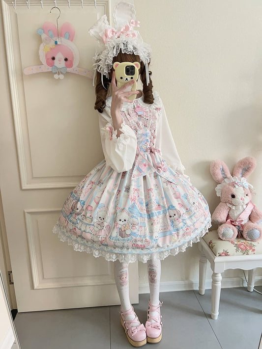Puppy's Afternoon Tea Print Sweet Lolita Dress with Flags Ribbon