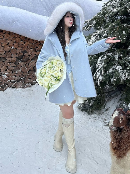 Plus Size Light Blue Plush Trim Hooded Woolen Coat