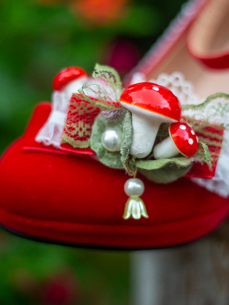 Red Bow Accent Bead and Mushroom 5CM Sweet Lolita Block Heels