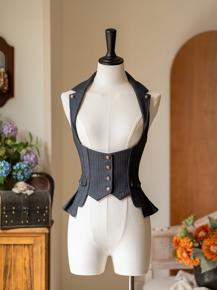 Dark Gray Under Bust Striped Waistcoat with Lapel Collar