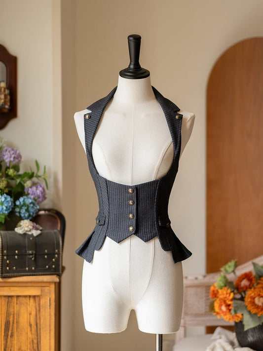 Dark Gray Under Bust Striped Waistcoat with Lapel Collar